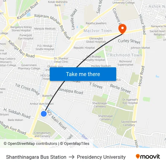 Shanthinagara Bus Station to Presidency University map