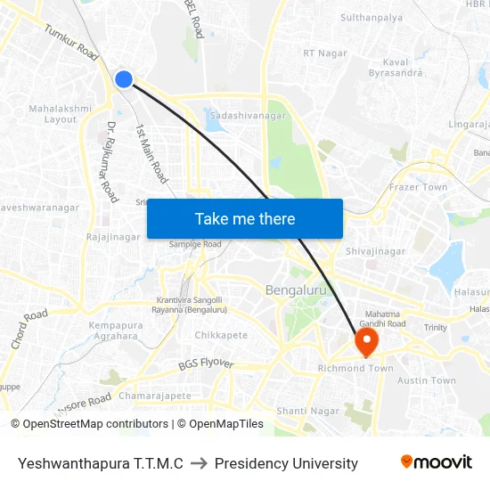 Yeshwanthapura T.T.M.C to Presidency University map