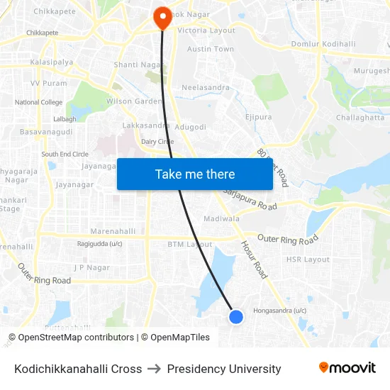 Kodichikkanahalli Cross to Presidency University map