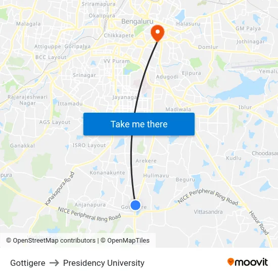 Gottigere to Presidency University map