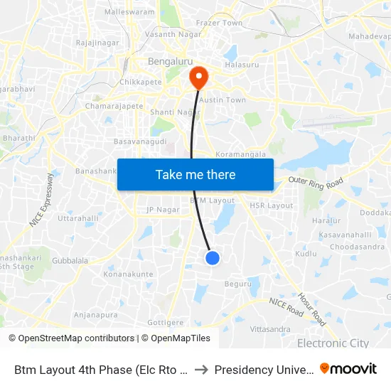 Btm Layout 4th Phase (Elc Rto Office) to Presidency University map