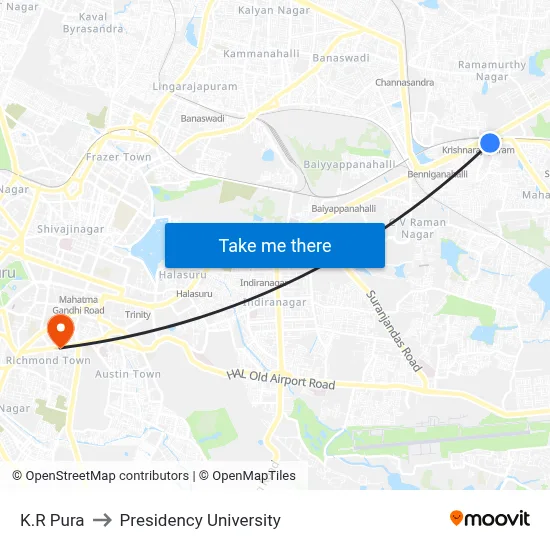 K.R Pura to Presidency University map