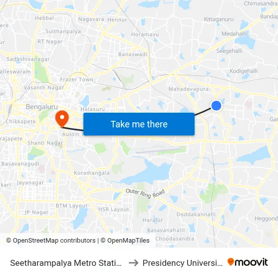 Seetharampalya Metro Station to Presidency University map