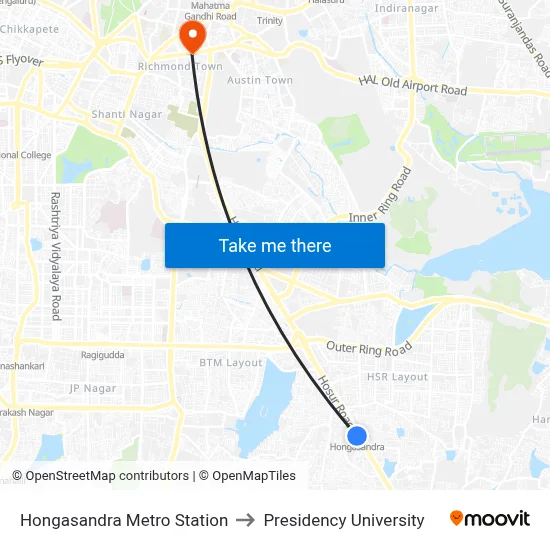 Hongasandra Metro Station to Presidency University map