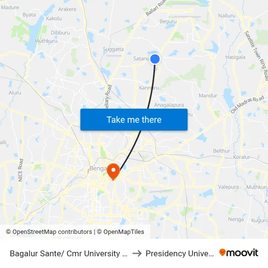 Bagalur Sante/ Cmr University Cross to Presidency University map
