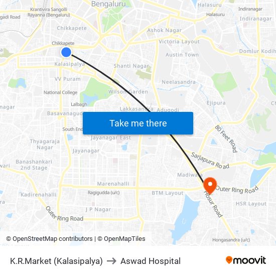 K.R.Market (Kalasipalya) to Aswad Hospital map