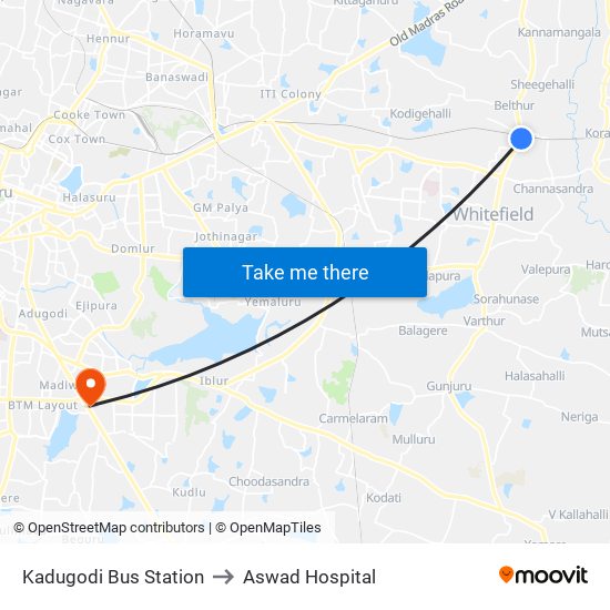 Kadugodi Bus Station to Aswad Hospital map