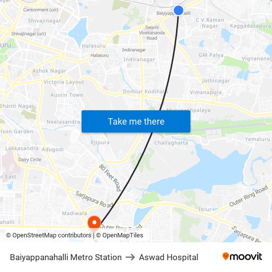 Baiyappanahalli Metro Station to Aswad Hospital map