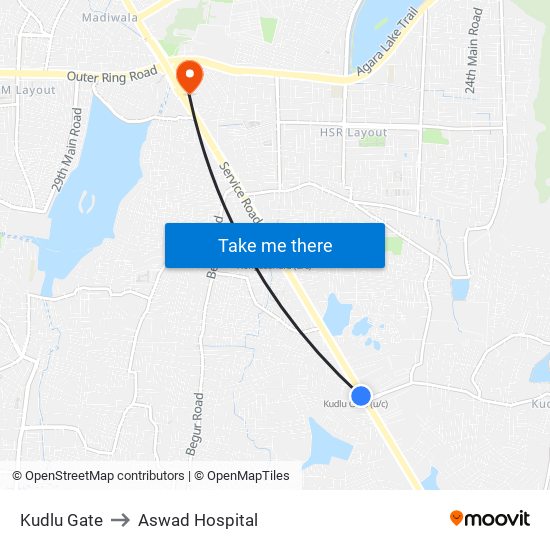 Kudlu Gate to Aswad Hospital map