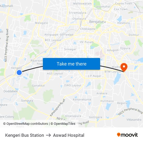 Kengeri Bus Station to Aswad Hospital map