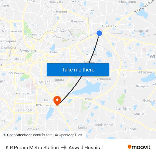 K.R.Puram Metro Station to Aswad Hospital map