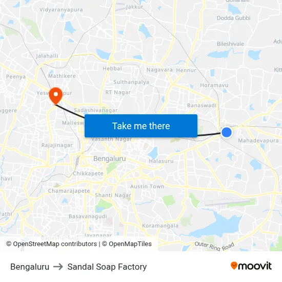 Bengaluru to Sandal Soap Factory map