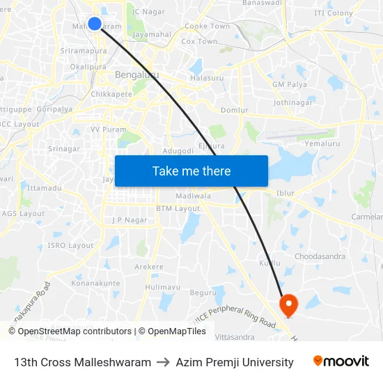 13th Cross Malleshwaram to Azim Premji University map