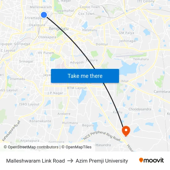 Malleshwaram Link Road to Azim Premji University map
