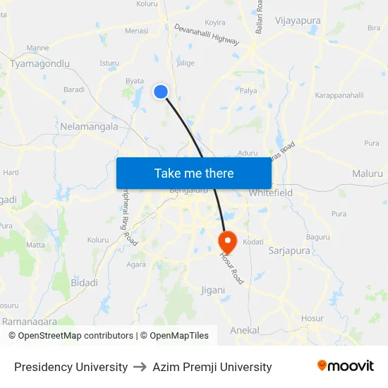 Presidency University to Azim Premji University map
