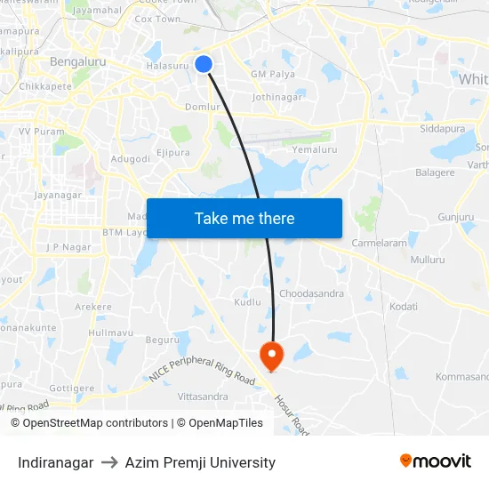 Indiranagar to Azim Premji University map