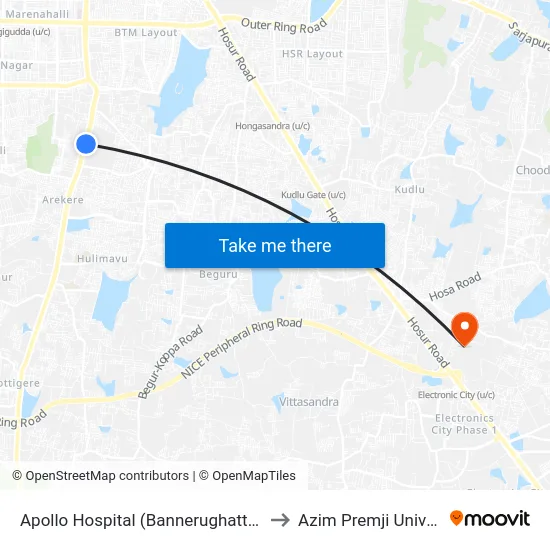 Apollo Hospital (Bannerughatta Road) to Azim Premji University map