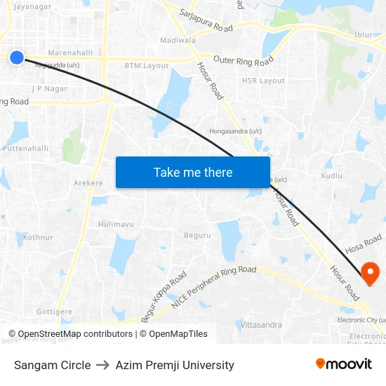 Sangam Circle to Azim Premji University map