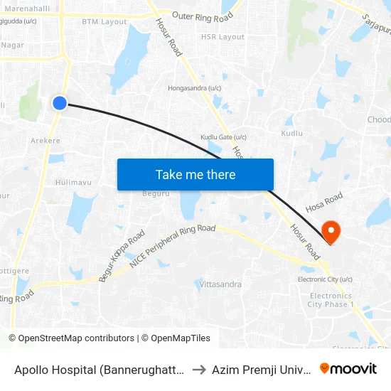 Apollo Hospital (Bannerughatta Road) to Azim Premji University map