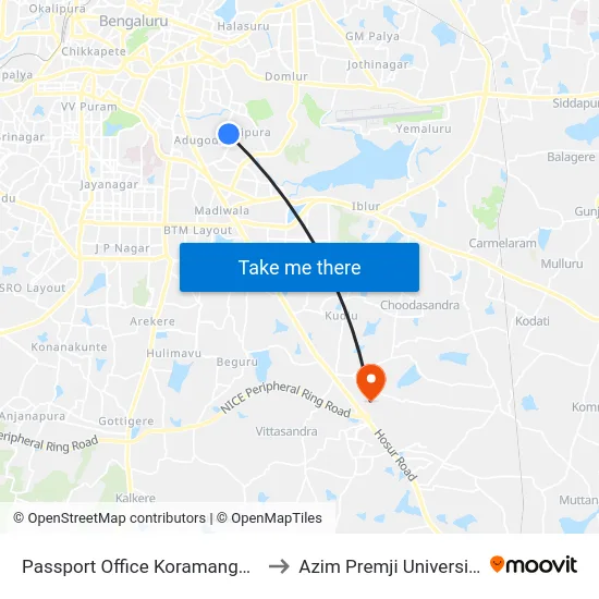 Passport Office Koramangala to Azim Premji University map