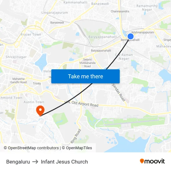 Bengaluru to Infant Jesus Church map