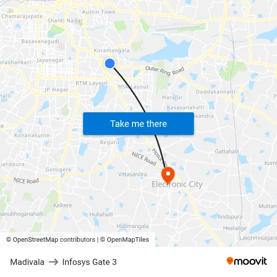 Madivala to Infosys Gate 3 map