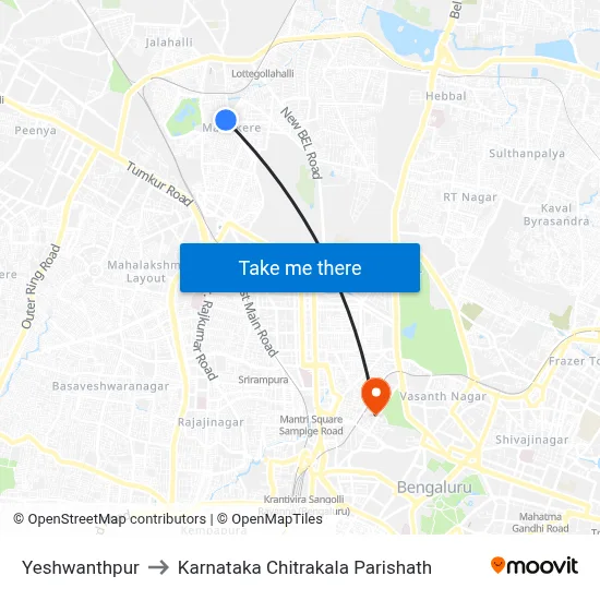 Yeshwanthpur to Karnataka Chitrakala Parishath map