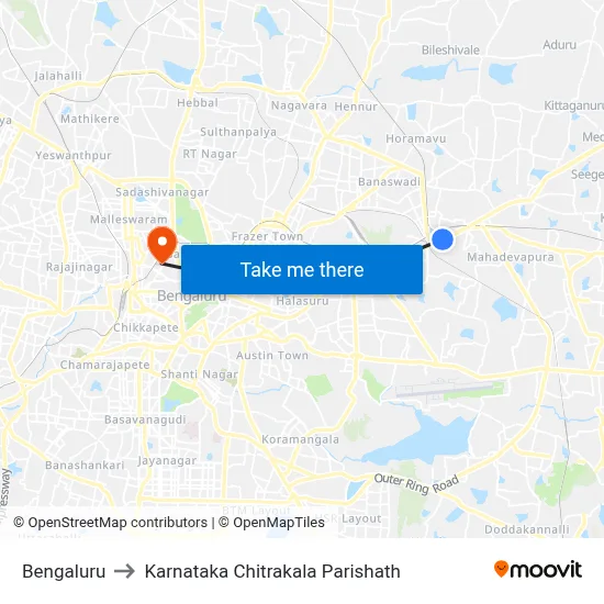 Bengaluru to Karnataka Chitrakala Parishath map