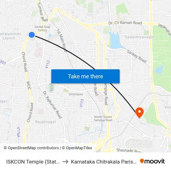 ISKCON Temple (Station) to Karnataka Chitrakala Parishath map