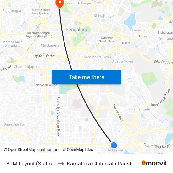 BTM Layout (Station) to Karnataka Chitrakala Parishath map