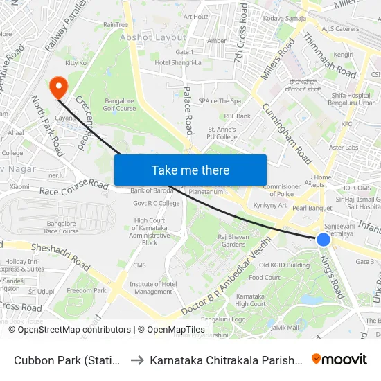 Cubbon Park (Station) to Karnataka Chitrakala Parishath map