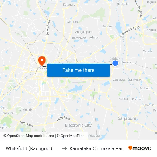 Whitefield (Kadugodi) Station to Karnataka Chitrakala Parishath map