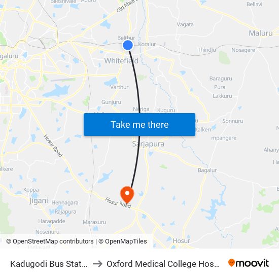 Kadugodi Bus Station to Oxford Medical College Hospital map