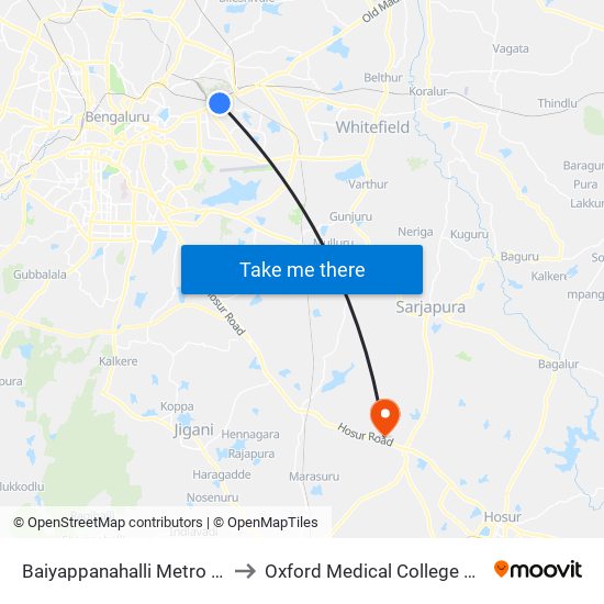 Baiyappanahalli Metro Station to Oxford Medical College Hospital map