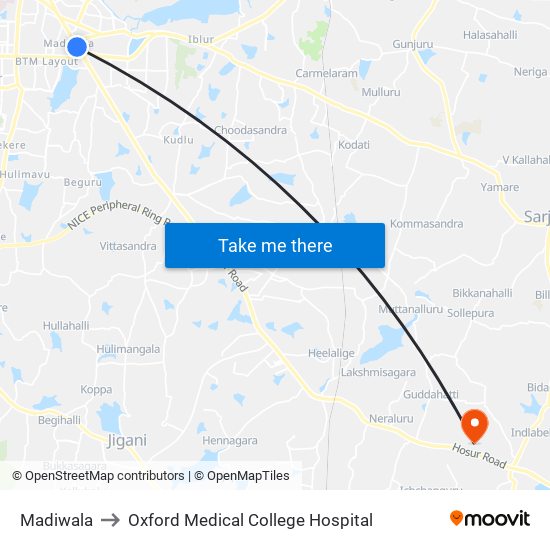 Madiwala to Oxford Medical College Hospital map