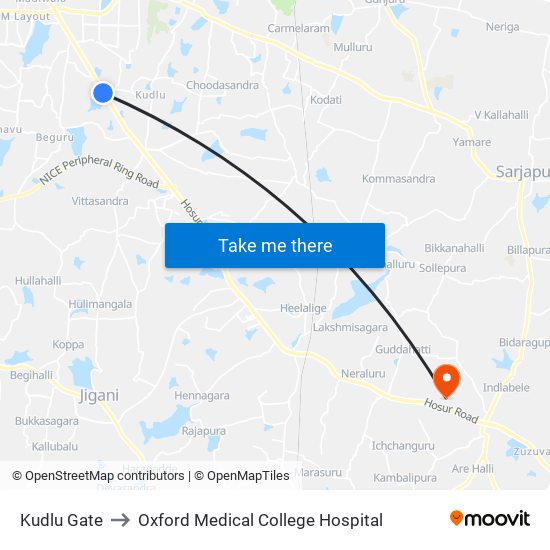 Kudlu Gate to Oxford Medical College Hospital map