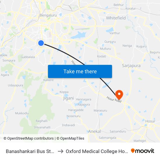 Banashankari Bus Station to Oxford Medical College Hospital map
