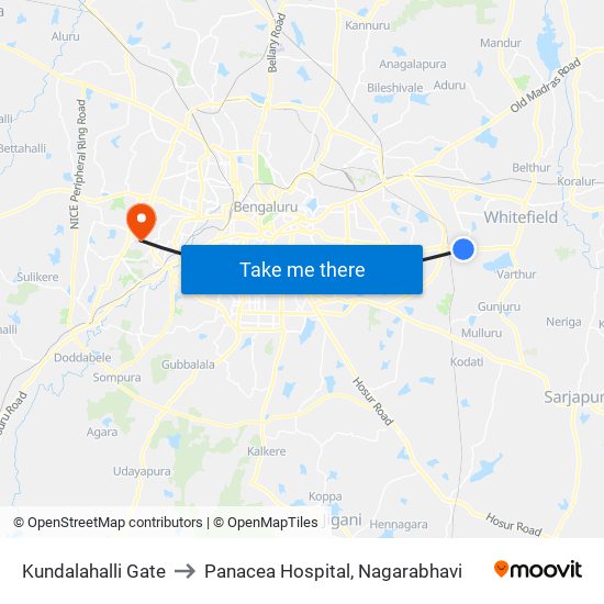 Kundalahalli Gate to Panacea Hospital, Nagarabhavi map