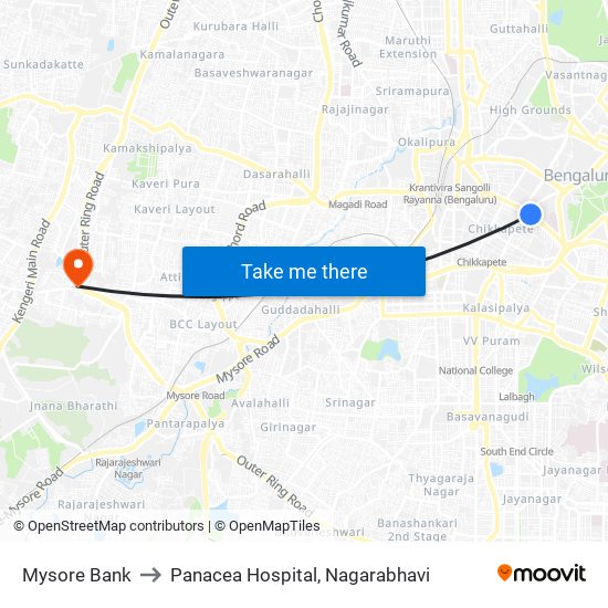 Mysore Bank to Panacea Hospital, Nagarabhavi map