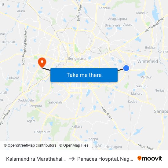 Kalamandira  Marathahalli Bridge to Panacea Hospital, Nagarabhavi map