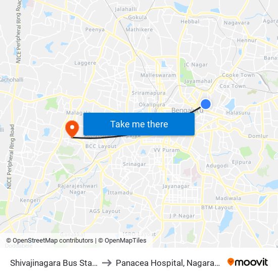 Shivajinagara Bus Station to Panacea Hospital, Nagarabhavi map