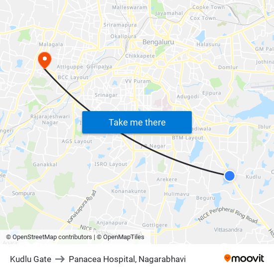 Kudlu Gate to Panacea Hospital, Nagarabhavi map