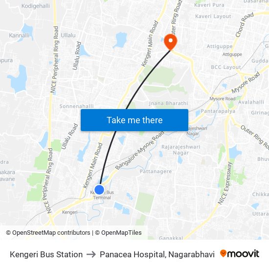Kengeri Bus Station to Panacea Hospital, Nagarabhavi map
