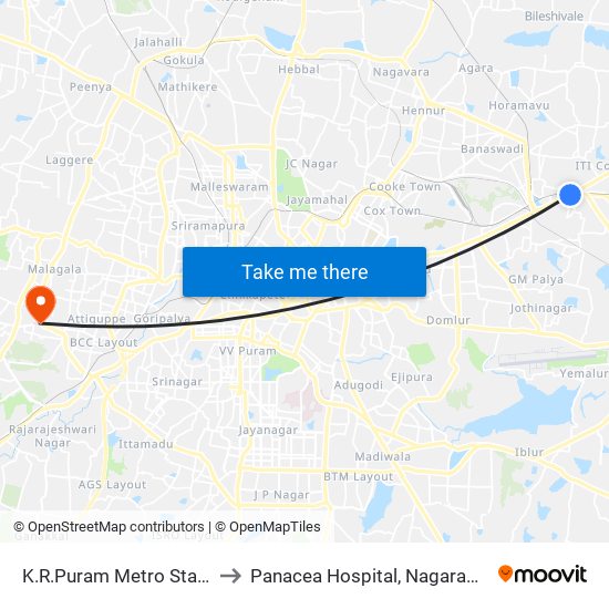 K.R.Puram Metro Station to Panacea Hospital, Nagarabhavi map