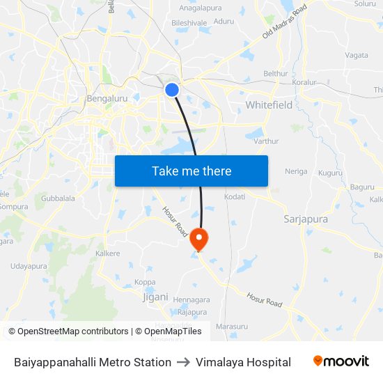 Baiyappanahalli Metro Station to Vimalaya Hospital map