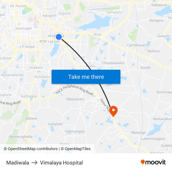 Madiwala to Vimalaya Hospital map