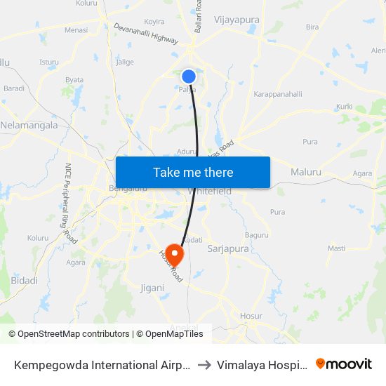 Kempegowda International Airport to Vimalaya Hospital map