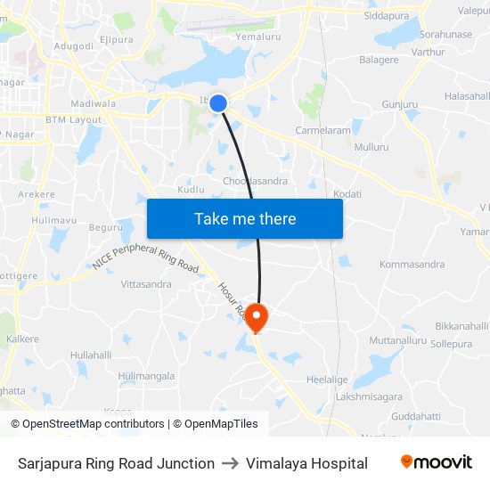 Sarjapura Ring Road Junction to Vimalaya Hospital map