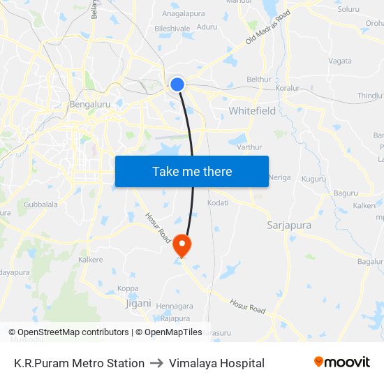 K.R.Puram Metro Station to Vimalaya Hospital map