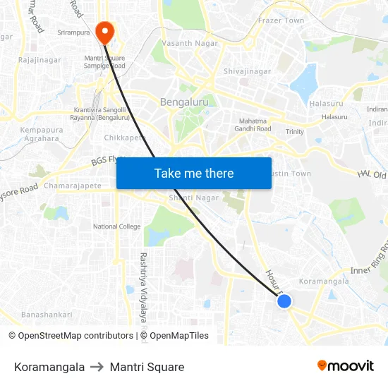 Koramangala to Mantri Square map